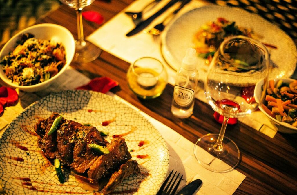 Romantic Cambodian dinner in a garden restaurant in Siem Reap