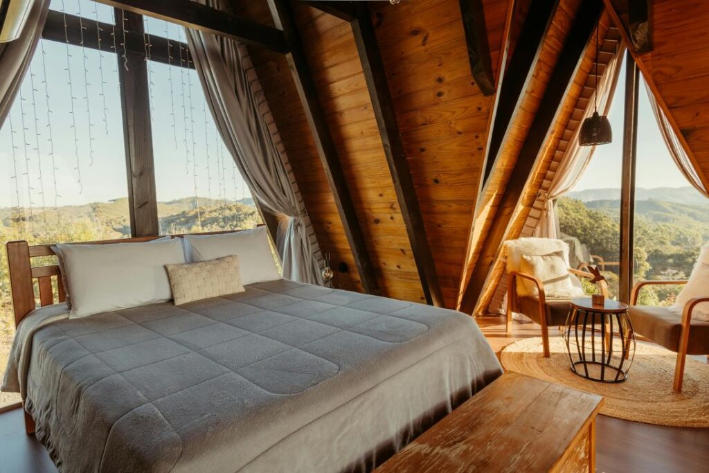 luxury Patagonia lodge interior mountain view