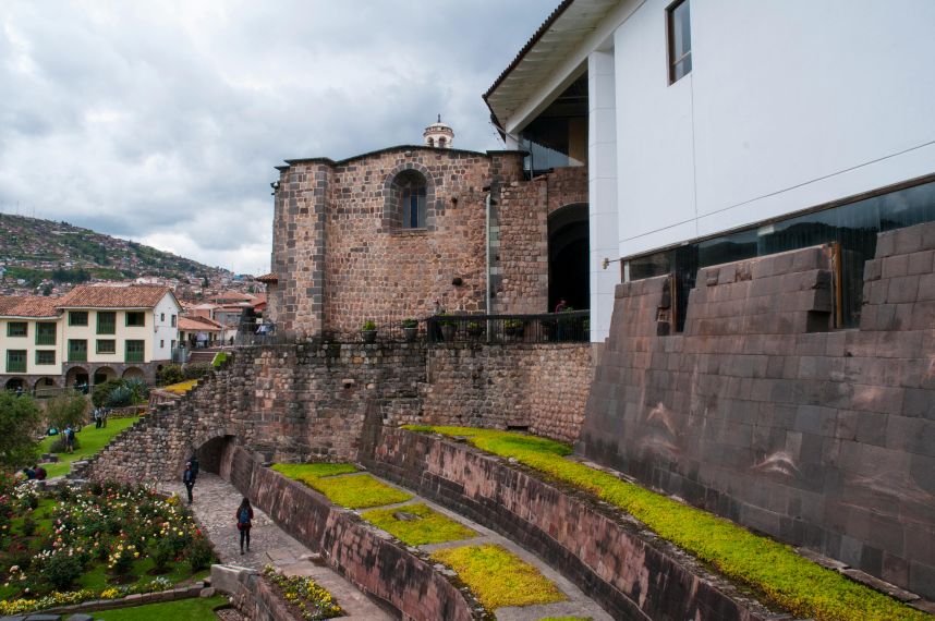 Inca stone walls and colonial architecture in Cusco Peru