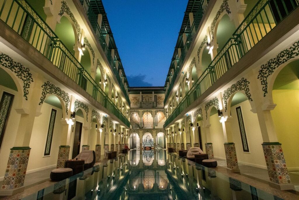Elegant boutique hotel courtyard in Siem Reap for a luxury Angkor Wat trip