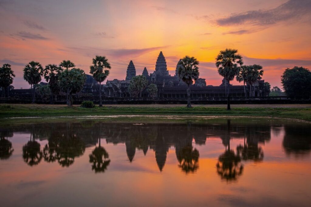 Angkor Wat temple towers under clear morning sky in Cambodia