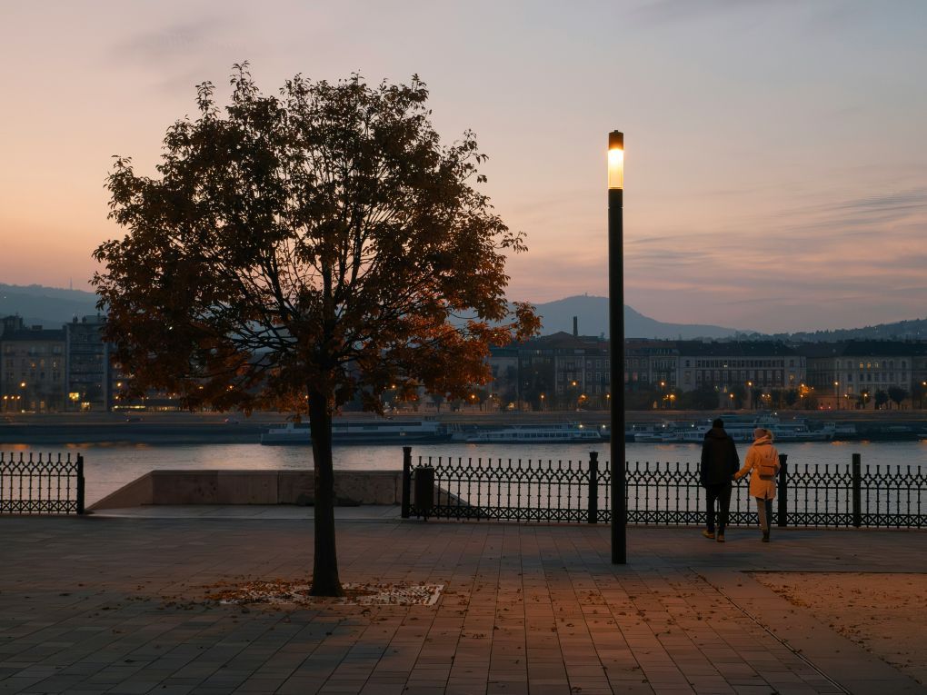 Couple enjoying Budapest lights in the evening.