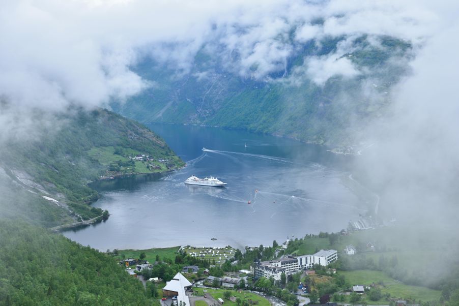 Norway fjord cliffs from cruise balcony