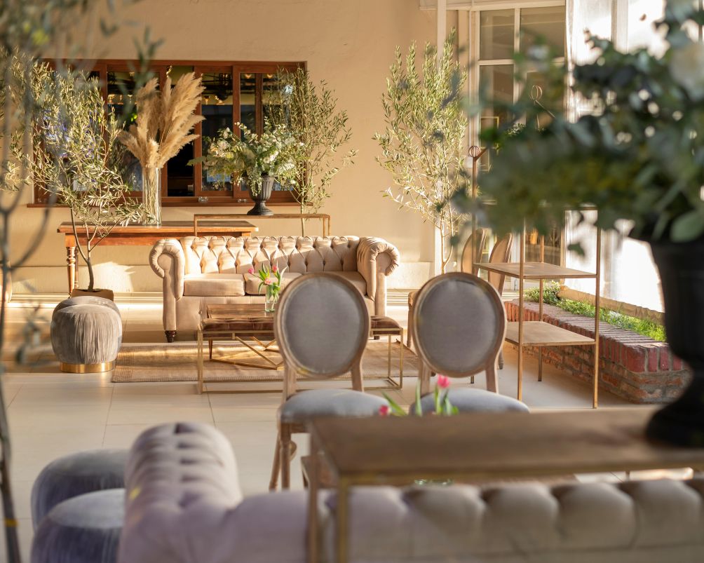 Luxury countryside hotel lounge overlooking rolling hills