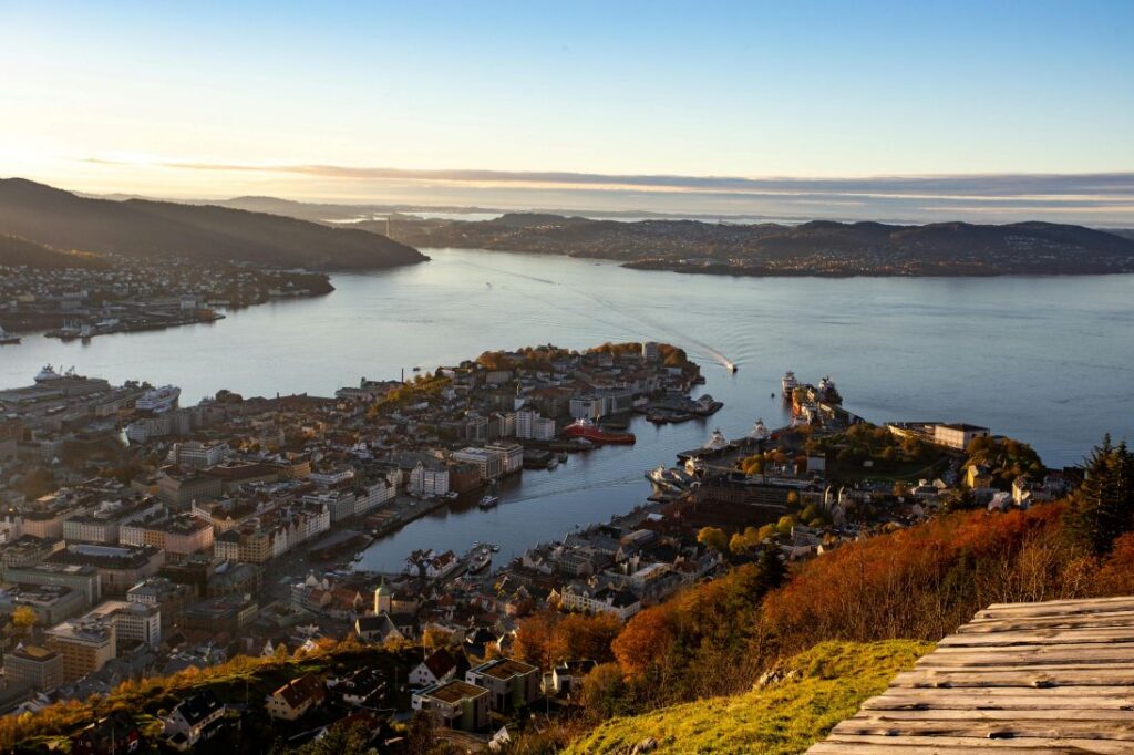 Bergen harbor with colorful waterfront buildings.