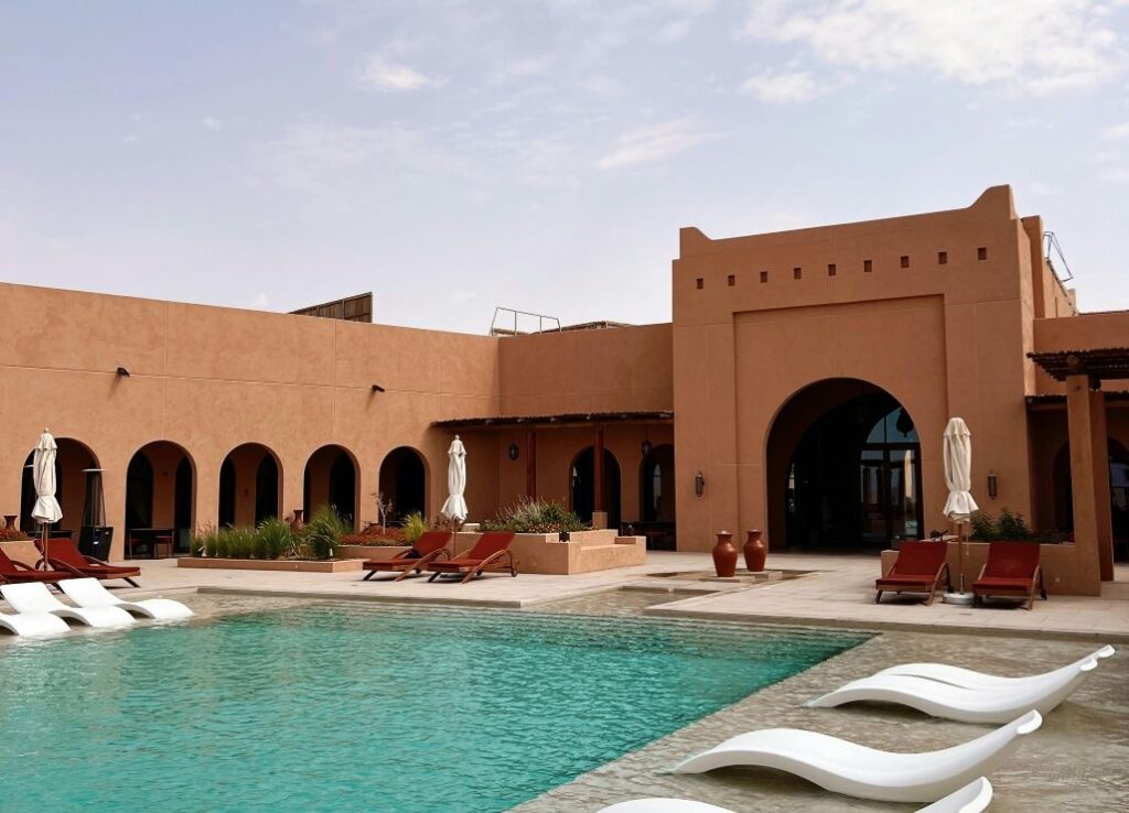 Luxury hotel pool in the Atacama Desert with mountain views