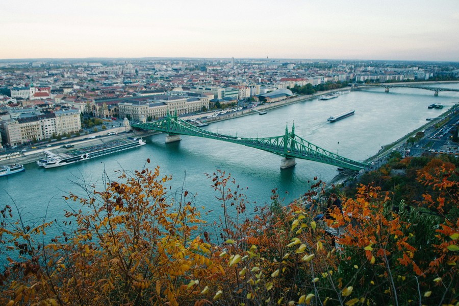 Elegant dinner setting on a Danube river cruise with wine and river views